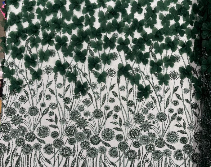 Hunter Green - Luxury 3D Floral/Butterfly Beaded lace, by The Yard.