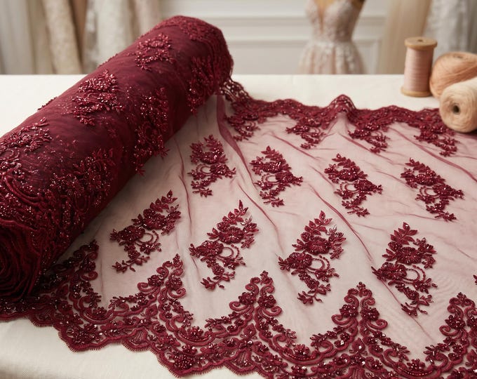 Burgundy Hand Beaded Floral Mesh Lace Fabric By The Yard, Sequin Embroidered Bridal Lace For Prom Dresses & Wedding Gowns