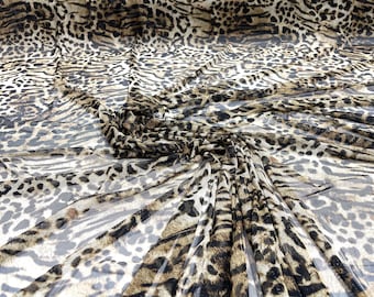 Brown/ Tan sheer exotic leopard design print on power mesh 4-way stretch 58/60” Sold by the yard
