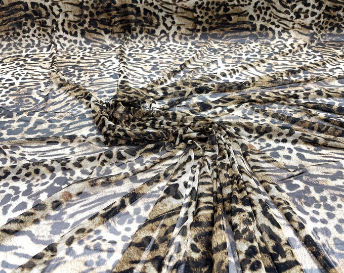 Brown/ Tan sheer exotic leopard design print on power mesh 4-way stretch 58/60” Sold by the yard