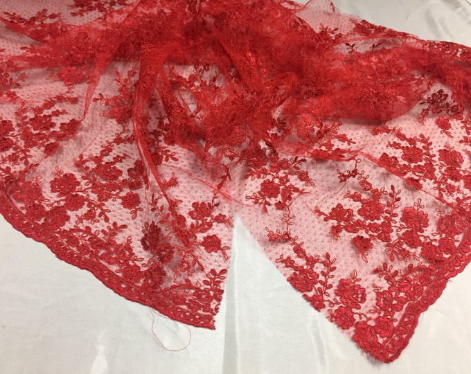 Sensational red Flowers Embroider And Corded On a Polkadot Mesh Lace-prom-nightgowns-decorations-dresses-sold by the yard.