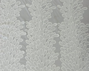 White vegas design-Feathers Peacock with Embroidery sequins on stretch Mesh Lace Fabric (By 3 Panels)