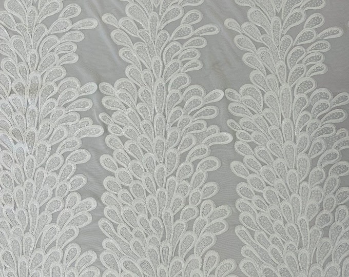 White vegas design-Feathers Peacock with Embroidery sequins on stretch Mesh Lace Fabric (By 3 Panels)