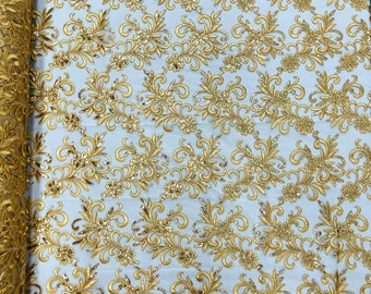 Gold corded flowers embroider with sequins on a mesh lace fabric-sold by the yard-