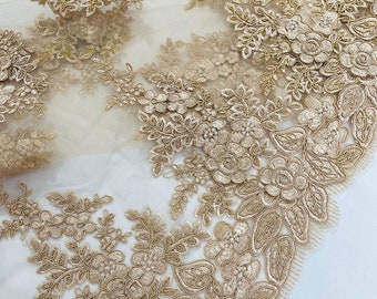 Champagne corded lace 3d floral embroider sold by the yard.