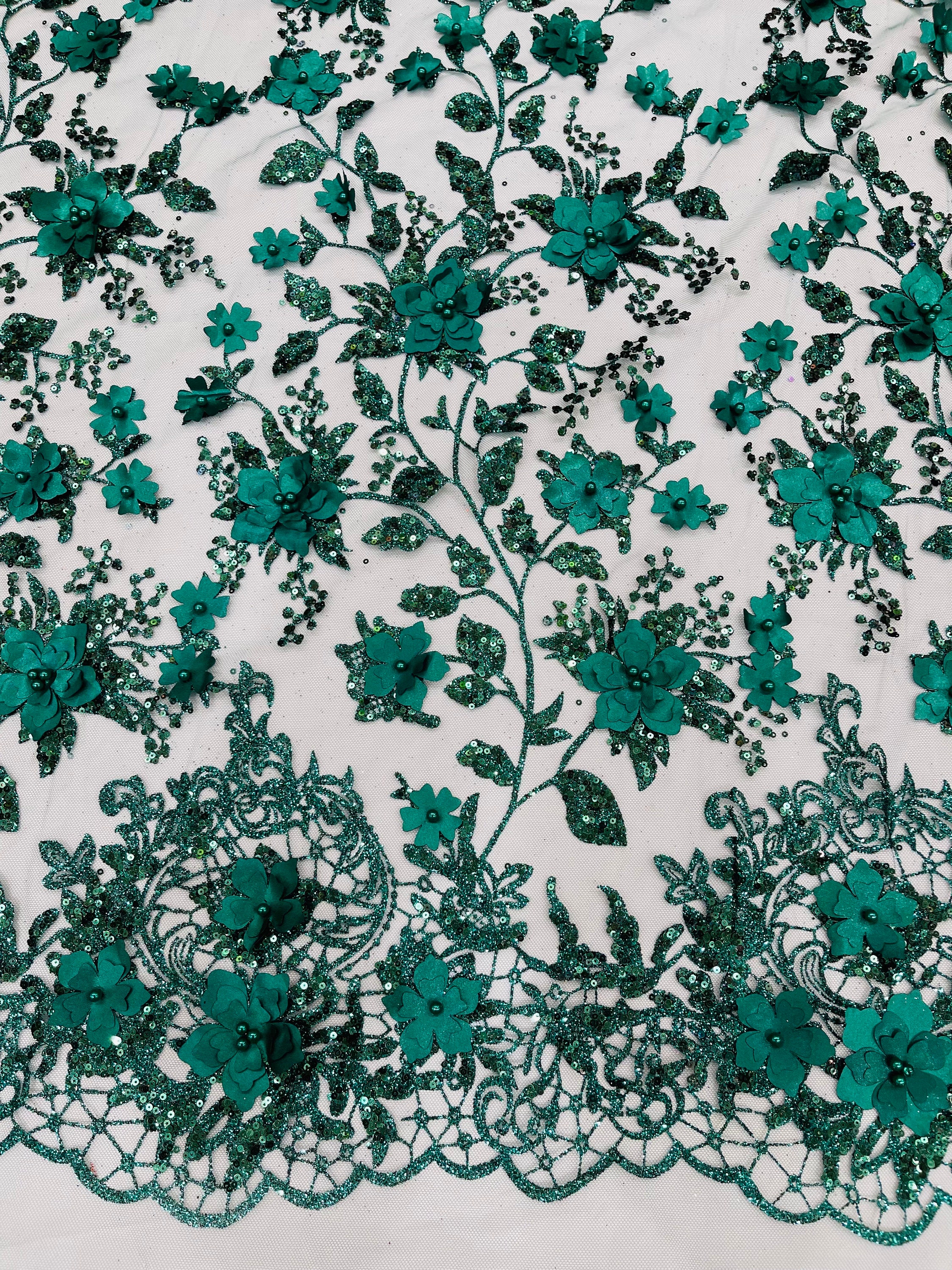 Hunter Green 3D Princess Satin Flower Glitter Sequin Lace Fabric 54 ...