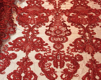 Dark Red damask pattern Embroidery with shiny sequins and Corded on a mesh lace-apparel-fashion-decorations-dresses-nightgown-sold by the ya