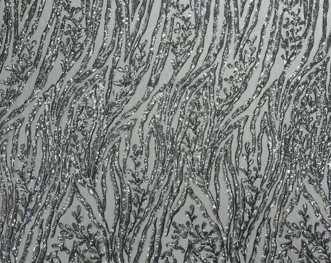 Silver - Vine/Root Sequin 4 Way Stretch Mesh Fabric, by The Yard.