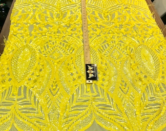 Bright Yellow Sequins Design With Feathers On A 4 Way Stretch Mesh Fabric-Prom-Nightgown-Sold By The Yard