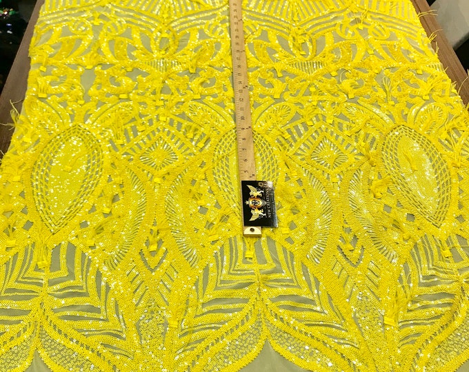 Bright Yellow Sequins Design With Feathers On A 4 Way Stretch Mesh Fabric-Prom-Nightgown-Sold By The Yard