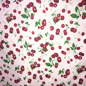 Red On White Cherry Fruit Print Poly Cotton Fabric 58&quot;/59&quot; Width Sold by The Yard.