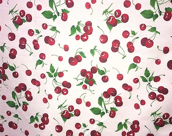 Red On White Cherry Fruit Print Poly Cotton Fabric 58"/59" Width Sold by The Yard.