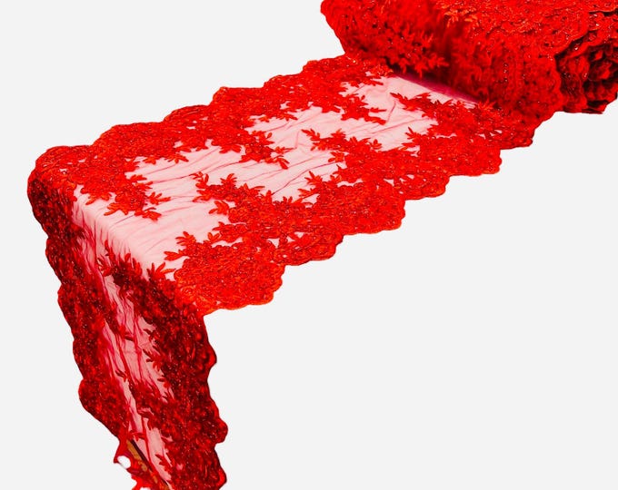 RED 14"Wide  Sequins Gold Metallic Embroidered Lace on Mesh Fabric, Trim Lace, Table Runner. Sold By The Yard.