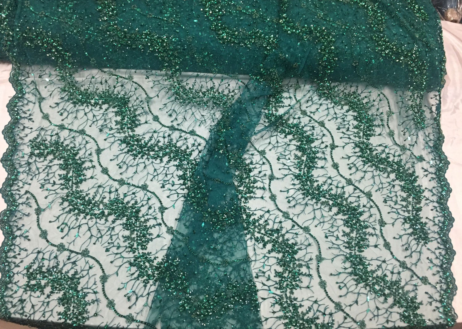 Bridal Sequins Fabric Mesh Lace French Embroidered Design Sold by The Yard Hunter Green