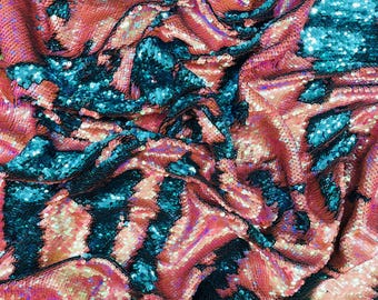 Coral Turquoise Reversible Color Changing Sequin Fabric| 54" Wide| Stretch Polyester Spandex.