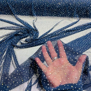 Navy Blue Sheer All Over AB Rhinestones On Stretch Power Mesh Fabric, Sold by The Yard.