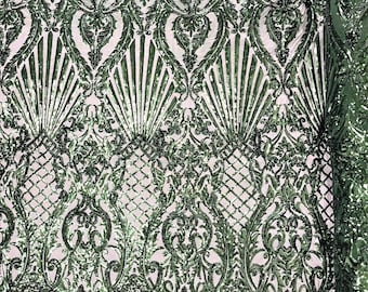 Hunter green shiny sequin shell damask design on a 4 way stretch mesh fabric -prom-sold by the yard.