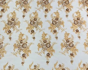 Gorgeous Champagne French design embroider and beaded on a mesh lace. Wedding/Bridal/Prom/Nightgown fabric.