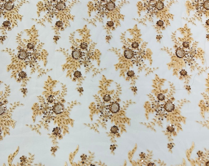 Gorgeous Champagne French design embroider and beaded on a mesh lace. Wedding/Bridal/Prom/Nightgown fabric.