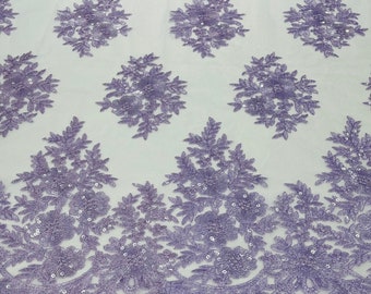 Lavender Floral corded embroider with sequins on a mesh lace fabric-sold by the yard.
