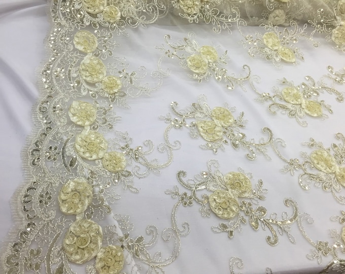 Dk.ivory 3d flowers embroider with sequins on a ivory mesh lace. Wedding/bridal/prom/nightgown fabric. Sold by the yard.