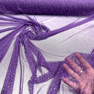 Purple Sheer All Over AB Rhinestones On Stretch Power Mesh Fabric, Sold by The Yard.