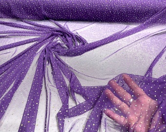 Purple Sheer All Over AB Rhinestones On Stretch Power Mesh Fabric, Sold by The Yard.