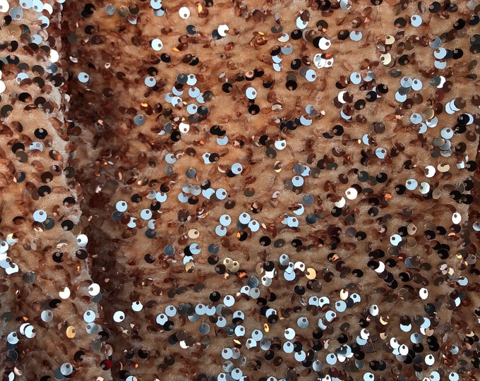 Rose gold stretch velvet with luxury sequins all over 5mm shining sequins 2-way stretch, sold by the yard.