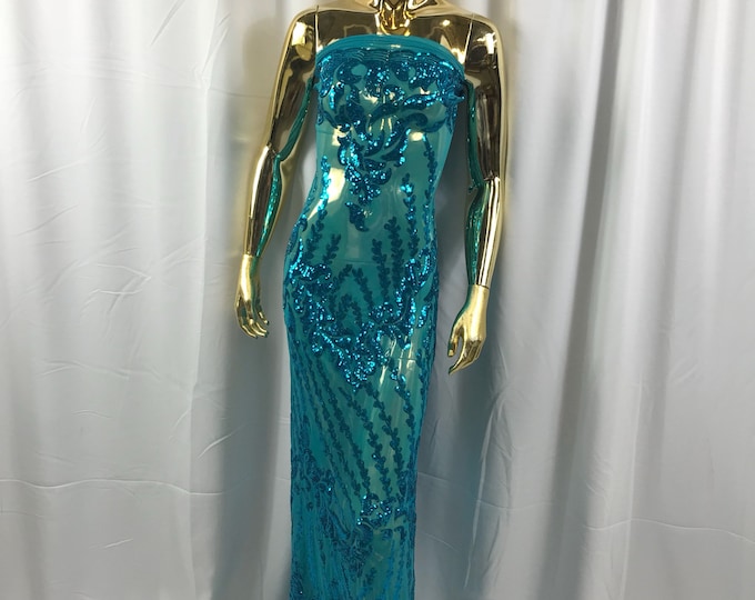 Turquoise 4 way Stretch power mesh lace embroidered with shiny sequins-dresses-fashion-prom-nightgown-decorations-sold by the yard.