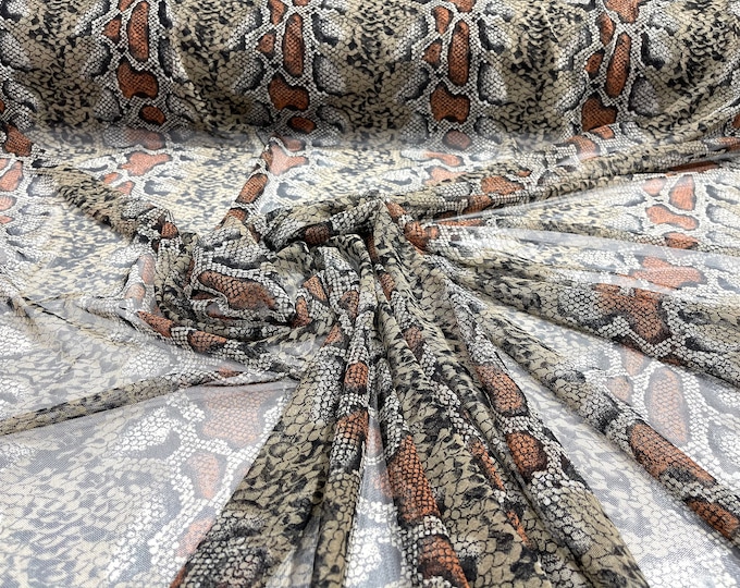 Brown/ Tan sheer Rattle Snake design print on power mesh 4-way stretch 58/60” Sold by the yard