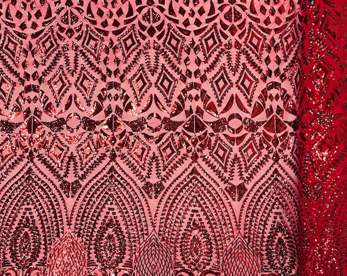 Burgundy shiny diamond design with sequins on a 4 way stretch mesh-prom-nightgown-sold by the yard-free shipping in the USA.