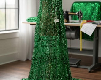 Sequin Mesh Yardage, Green Embroidered Royalty Design on 4 Way Stretch Fabric