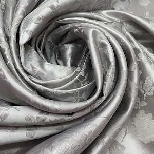 Gray 60" Wide Polyester Flower Brocade Jacquard Satin Fabric, Sold By The Yard.