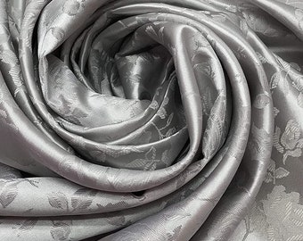 Gray 60" Wide Polyester Flower Brocade Jacquard Satin Fabric, Sold By The Yard.