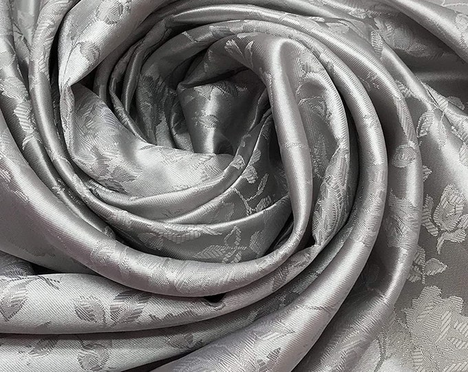 Gray 60" Wide Polyester Flower Brocade Jacquard Satin Fabric, Sold By The Yard.