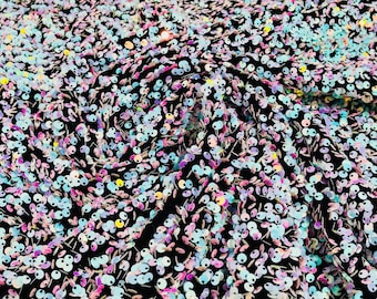Unicorn Iridescent All-Over 5mm Shiny Sequins Black Stretch Velvet 54" Wide.