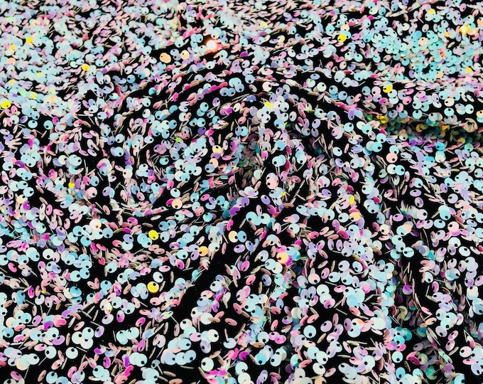 Unicorn Iridescent All-Over 5mm Shiny Sequins Black Stretch Velvet 54" Wide.