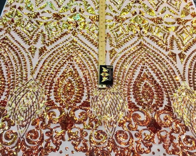 Orange iridescent sequin diamond design on a 4 way stretch nude mesh-prom-nightgown-Sold by the yard-