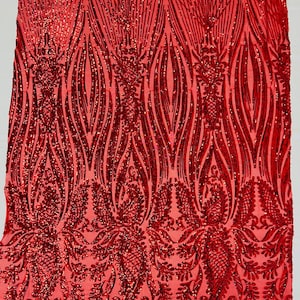Red Paisley sequin design on a 4 way stretch mesh-prom-sold by the yard.