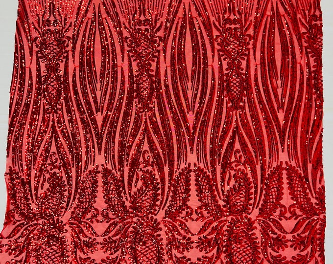 Red Paisley sequin design on a 4 way stretch mesh-prom-sold by the yard.