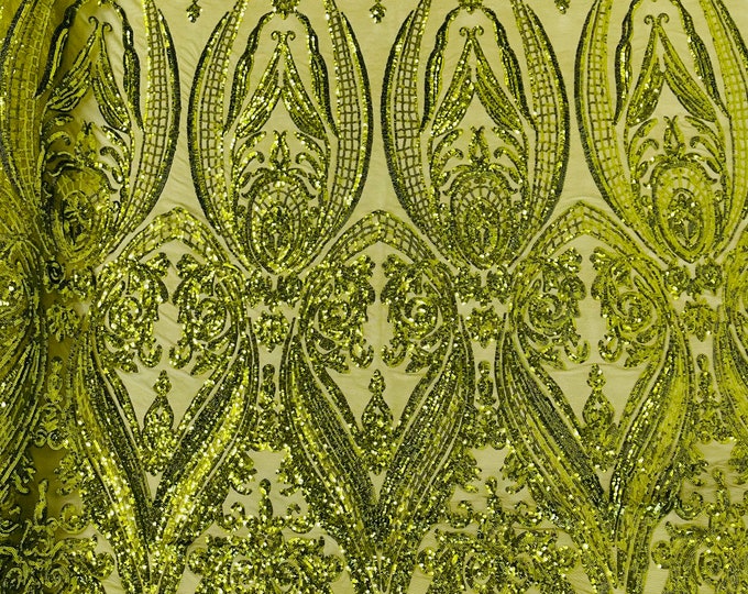 Olive Green empire damask design with sequins embroider on a 4 way stretch mesh fabric-sold by the yard.