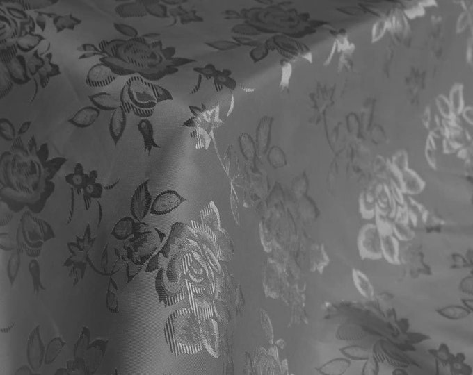 Charcoal 60" Wide Polyester Flower Brocade Jacquard Satin Fabric, Sold By The Yard.