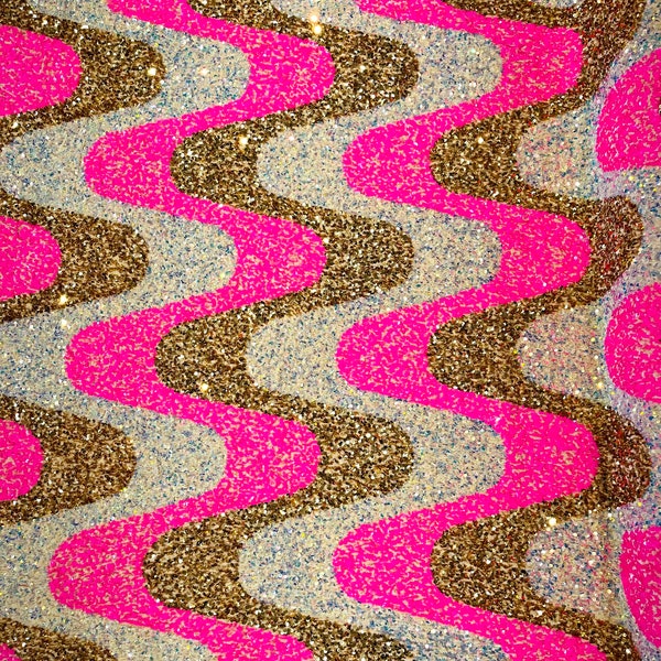 Hot Pink/Gold/Clear Iridescent sequin Wave Design On Gold stretch velvet all over 5mm shining sequins 2-way stretch, sold by the yard.