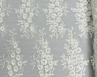 Ivory 3d floral design embroider and beaded with rhinestones on a mesh lace-prom-dresses-nightgown-apparel-fashion-sold by yard.