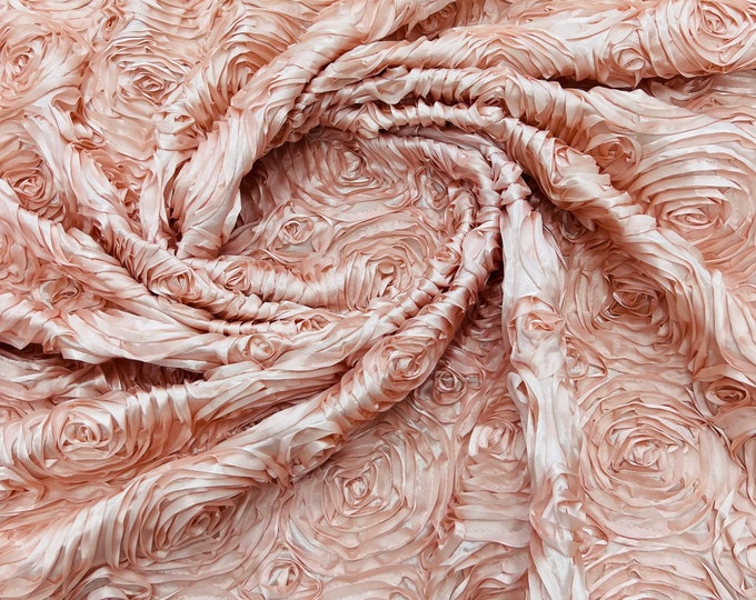 Blush Pink 3D Rosette Embroidery Satin Rose Flowers  Floral on a satin Fabric by the yard.