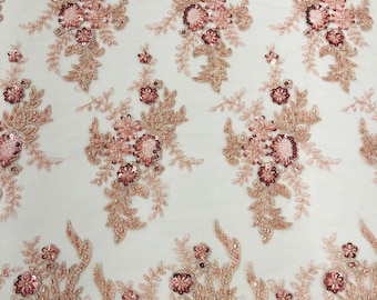 Gorgeous Dusty Rose French design embroider and beaded on a mesh lace. Wedding/Bridal/Prom/Nightgown fabric.