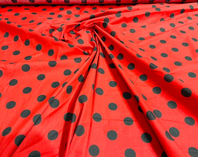 Black dot On Red 58" Wide Premium 1 inch Polka Dot Poly Cotton Fabric Sold By The Yard.