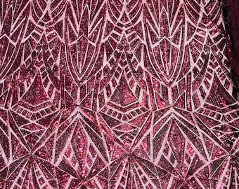 Burgundy Geometric shiny sequin design on a 4 way stretch mesh-sold by the yard.