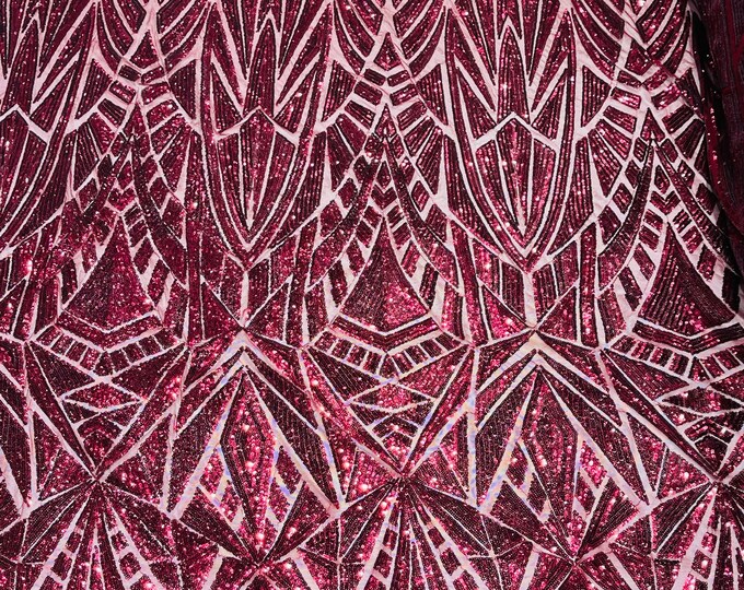 Burgundy Geometric shiny sequin design on a 4 way stretch mesh-sold by the yard.