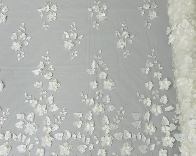 Ivory Ruby 3d floral design embroider with pearls in a mesh lace-dresses-fashion-decorations-prom-nightgown-sold by the yard.